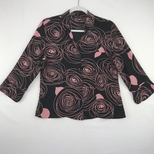Violet & Claire Womens Medium Button Front Blouse Black Pink Floral 3/4 Sleeves